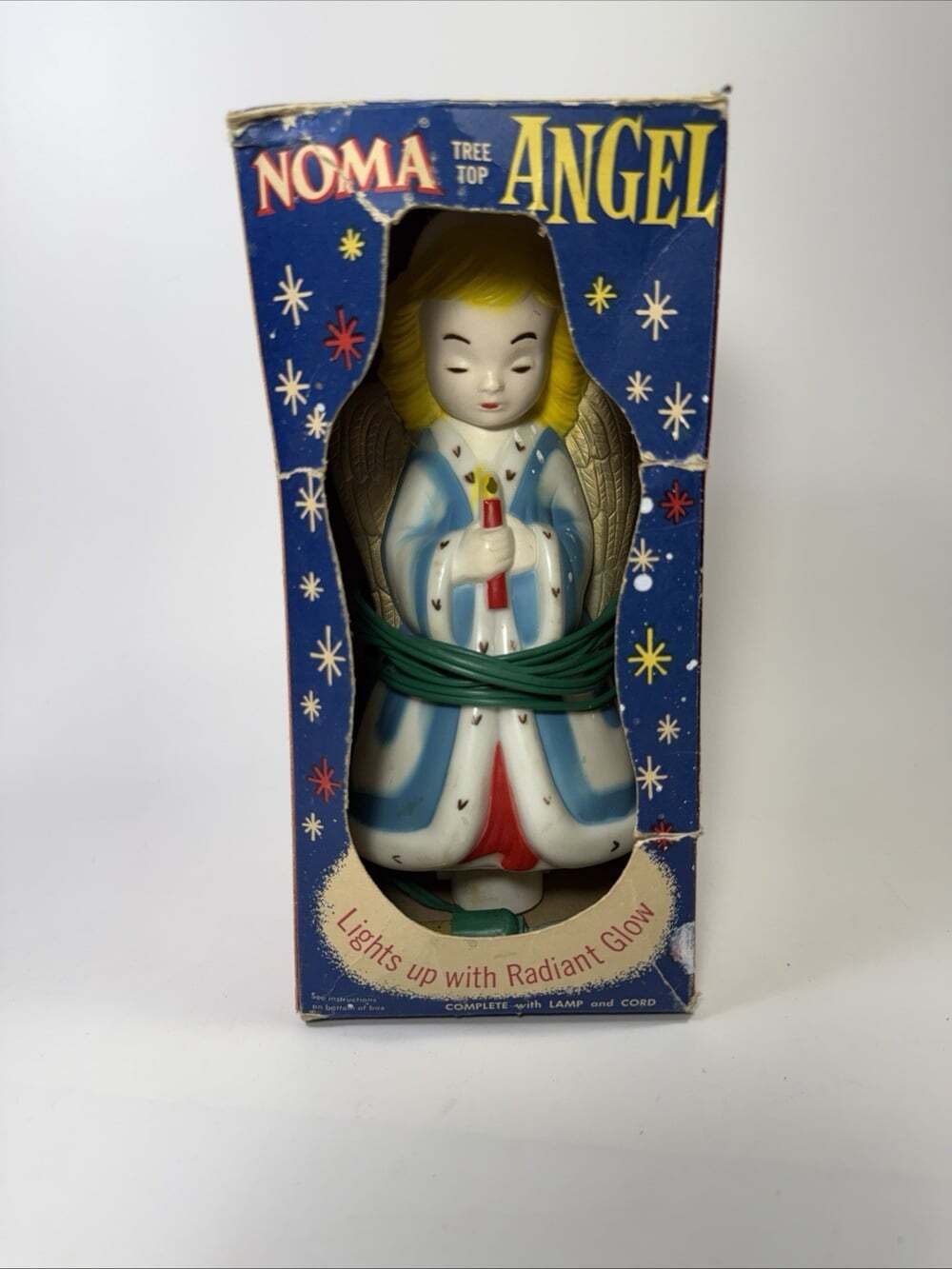 Vtg Noma Light Angel Christmas Tree Topper Blow Plastic- With Box, Light & Cord